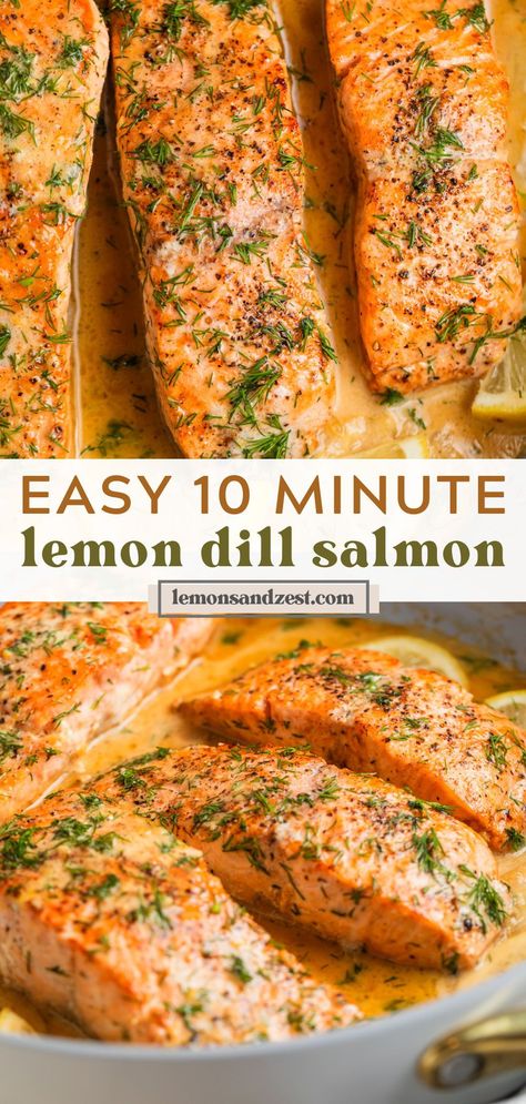 This simple pan seared Lemon Dill Salmon recipe is the perfect weeknight dinner that whips up in no time! Only a couple minutes to prep, simple crisp and golden seared fish in a buttery lemon dill sauce that will pair well your favorite side dishes for a complete meal! Lemon Caper Salmon, Lemon Herb Salmon, Dill Salmon Recipes, Salmon With Dill, Salmon Dill, Lemon Dill Salmon, Meat Entrees, Salmon Recipes Baked Healthy, Lemon Dill Sauce