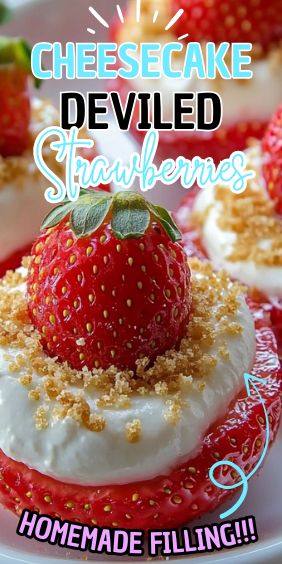 Cheesecake Deviled Strawberries Recipe Easy Cheesecake Deviled Strawberries, Regular Cheesecake Recipes, Deviled Cheesecake Strawberries, Deviled Strawberry Cheesecake, Cheesecake Deviled Strawberries Recipe, Strawberry Deviled Eggs, Cheesecake Deviled Strawberries, Philadelphia No Bake Cheesecake Filling, Deviled Strawberries Recipe