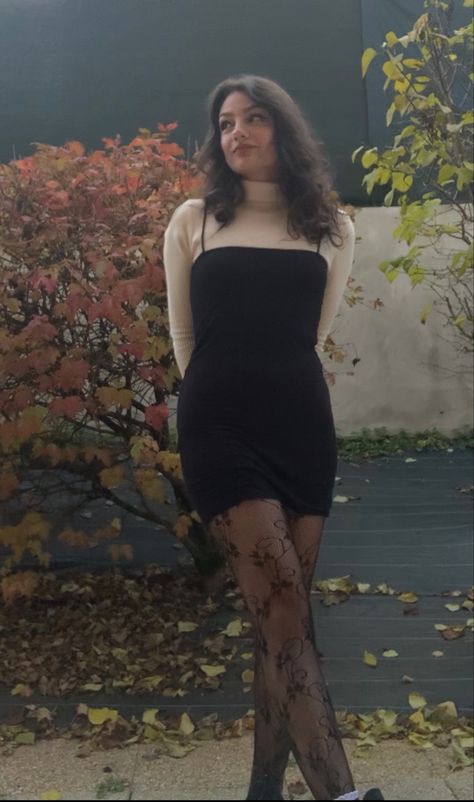 Strap Dress With Turtleneck, Winter Dress And Tights Outfit, Slip Dress With Stockings Outfit, Turtleneck And Slip Dress, Black Dress Winter Outfit Tights, White Turtleneck Under Dress, Turtleneck Outfit Dress, Black Dress With Turtle Neck Under, Turtle Neck With Dress Outfit