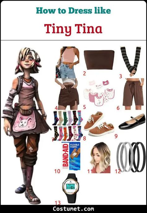 Tiny Tina's Costume from Borderlands for Cosplay & Halloween 2023 Brown Tube Top, Borderlands Cosplay, Bright Pink Hair, Tiny Tina, Punk Inspiration, Brown Skirt, Halloween 2023, Black Headband, Cosplay Halloween