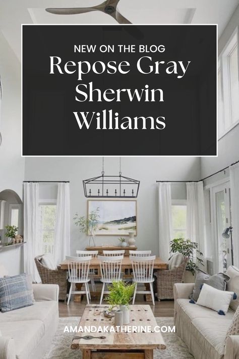 Repose Gray is a popular gray paint color because it is versatile and goes with many different colors and styles. It falls under the warm gray category with subtle undertones of purple and a hint of brown. This makes it perfect for any room in your home, even for your kitchen cabinets! Let’s dig into the details of Repose Gray. Gray Color Palette Living Room, Repose Gray Paint, Popular Grey Paint Colors, Sherwin Williams Paint Gray, Grey Paint Living Room, Gray Sherwin Williams, White Exterior Paint Colors, Grey Painted Kitchen, Dark Wood Trim