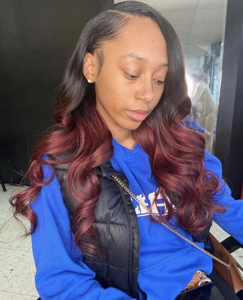 Black And Red Sew In Weave, Burgundy Ombré Hair, Burgundy Sew In Weave Leave Out, Ombre Burgundy Hair, Ombre Hair Black Women, Cosmetology Business, Hair Cosmetology, Weave Ideas, Burgundy Weave