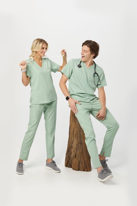 We've captured sustainability in a color 🌱 Introducing our new SAGE GREEN sets available now. 💚 Scrub Designs, Scrubs Fashion, Green Uniform, Medical Scrubs Fashion, Salon Uniform, Mister And Misses, Uniform Clothes, Nurse Photos, Luxe Aesthetic