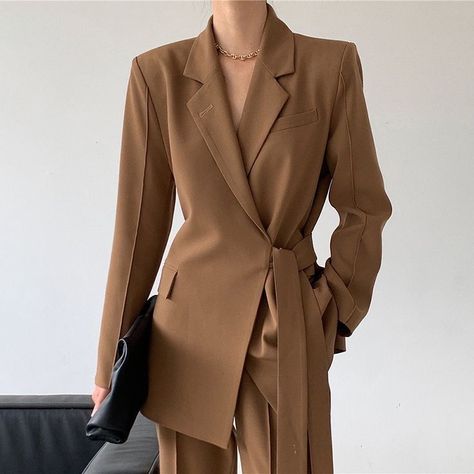 Wrap Blazer, Woman Suit Fashion, Classy Work Outfits, Stylish Work Outfits, Vest Coat, Caramel Color, Color Fashion, Modest Fashion Outfits, Notched Collar