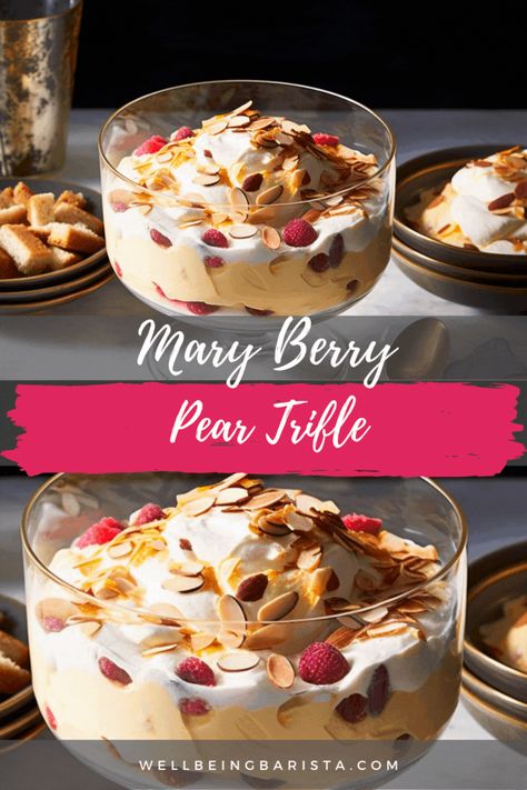 Dive into layers of pure indulgence with Mary Berry's Pear Trifle! 🍐🍰 This homemade dessert masterpiece features delicate sponge cake, luscious pear slices, velvety custard, and a generous dollop of whipped cream. 👩‍🍳🏡 Mary Berry Christmas Trifle, Marcus Wareing Christmas Recipes, Mary Berry Trifle, Mary Berry Christmas Recipes, Pear Trifle, Mary Berry Desserts, Mary Berry Christmas, Mary Berry Cakes, Berry Cakes