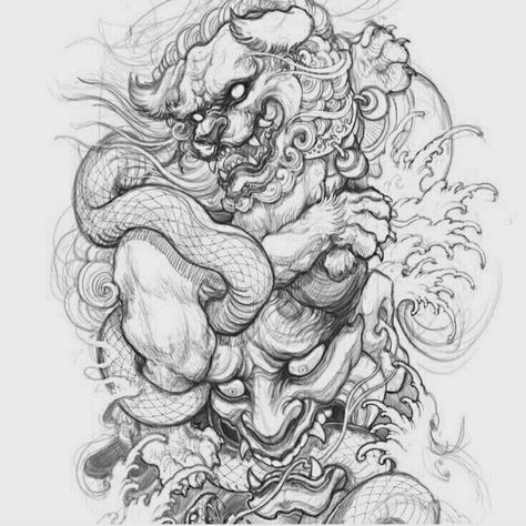 Foo Dog Tattoo Design, Dragon Tattoo Drawing, Make Bed, 42 Tattoo, Foo Dog Tattoo, Backpiece Tattoo, Get Up Early, Buddha Artwork, Japan Tattoo Design