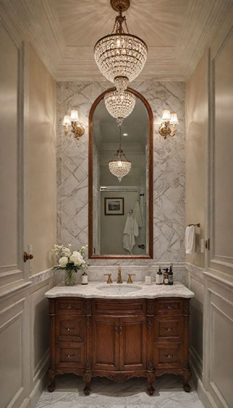 Classic Powder Room Design, Luxury Farmhouse Interior, Fancy Bathroom Luxury, Classic Bathroom Design Luxury, Bathroom Ideas Classic, Elegant Powder Room Ideas, Bathroom Classic Design, Chic Bathroom Design, Desi House