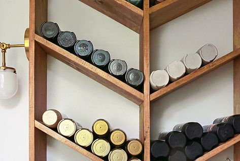 Diy Bottle Rack, Spray Paint Storage, Paint Organizer, Diy Wall Planter, Wine Rack Plans, Wall Insert, Paint Organization, Diy Spray Paint, Diy Leaves