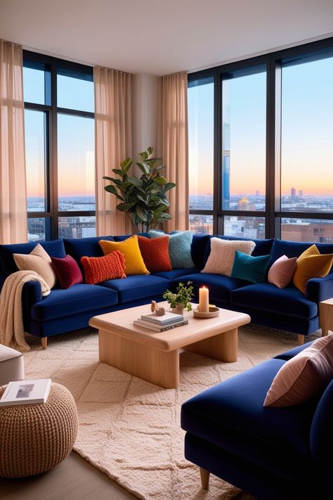 Transform your living space with cozy navy blue sofas as the centerpiece, paired with vibrant throw pillows in mustard yellow, teal, and warm red. #CozyLivingRoom #ModernHomeDecor #NavyBlueSofas #ColorfulAccents #LivingRoomInspo #NaturalLight #CityscapeViews #HomeDecorTrends #InteriorStyling #RoomMakeover #WarmAndInviting #ElegantSpaces #HomeInspiration #ThrowPillows #RoomDecorIdeas Living Room Blue Couch, Navy Blue Sofas, Modern Living Room Blue, Navy Sofas, Navy Sofa Living Room, Blue And Orange Living Room, Turquoise Couch, Blue Couch Living Room, Blue Sofas