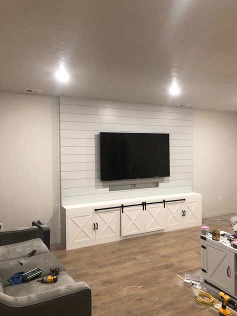 Basement Shiplap Tv Wall, Basement Tv Area, Shiplap Living Room, Basement Tv Rooms, Finish Basement, Console Decor, Tv Ideas, Built In Shelves Living Room, Living Room Built Ins