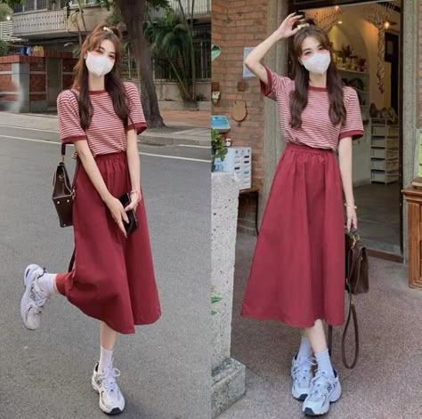 Korean Street Fashion Long Skirt, Korean Modest Fashion, Modest Girly Outfits, Fancy Sarees Party Wear, Casual College Outfits, Hijabi Fashion Casual, Cute Dress Outfits, Skirt And Sneakers, Everyday Fashion Outfits