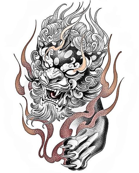 Foo Dog Chest Tattoo, Perro Fu Tattoo, Fu Dog Tattoo, Japanese Foo Dog, Foo Dog Tattoo Design, Half Sleeve Tattoos Sketches, Japanese Tattoos For Men, Japanese Tiger Tattoo, Foo Dog Tattoo