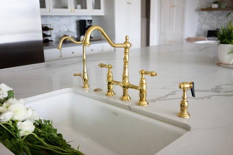 Polished Brass Deck Mount Hook Spout Kitchen Sink Faucet - Transitional - Kitchen Quartz Countertop Kitchen, Kitchen Island Top, Brick Tile Backsplash, White Herringbone Tile, White Kitchen Paint, White Wood Paneling, White Shaker Kitchen Cabinets, Rustic Wood Floors, Oak Floating Shelves