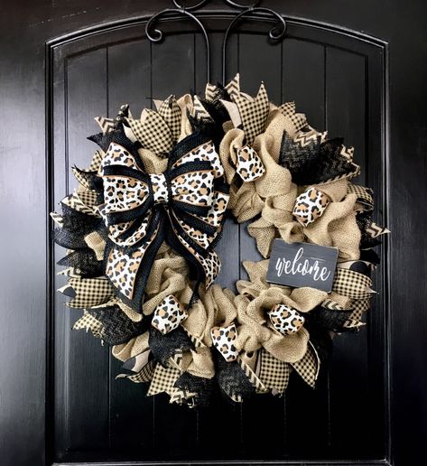 Leopard Print Wreath, Wreath Leopard, Leopard Wreath, Leopard Print Decor, Burlap Ribbon Bow, Farm Road, Shabby Chic Wreath, Black Wreath, Wreath Project