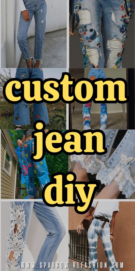 Diy Jeans Upcycle, Diy Lace Jeans, Refashion Clothes Upcycling, Bleach Jeans Diy, Jean Crafts Ideas, Patched Jeans Diy, Cut Up Jeans, Diy Jeans Crafts, Sparrow Refashion