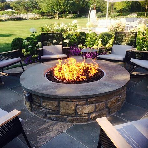 Featuring a stone-work custom gas fire pit Trendy Entryway, Pretty Entryway, Front Porch Decorating Ideas, Outdoor Fire Pit Area, Outdoor Propane Fire Pit, Fire Pit Seating Area, Outside Fire Pits, Outdoor Fire Pit Designs, Fire Pit Landscaping