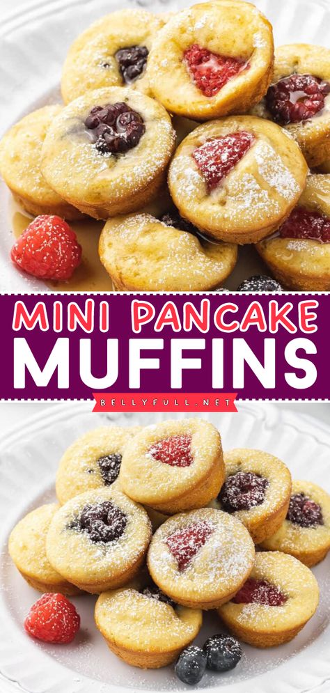 This mini pancake recipe is the perfect breakfast on the go! Your family will love these easy Mini Pancake Muffins loaded with lemon flavor and berries in the middle plus a dusting of powdered sugar. So get your mini muffin tin ready and try this back-to-school food idea! Mini Pancake Muffins, Quick Pancakes, Snickerdoodle Muffins, Healthy Oatmeal Recipes, Pancake Muffins, Donut Muffins, Breakfast Casserole Easy, Mini Pancakes, Mini Muffin Pan