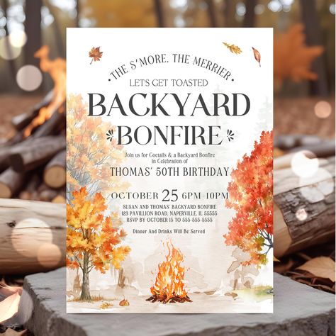 These editable backyard bonfire invitations have a fun, cozy vibe perfect for any casual gathering like birthdays, graduations, retirement parties, celebrating milestones or a fun smores party with it's laid-back yet festive aesthetic, making it ideal for a fun outdoor night with friends and family. Love! Love! Love! 🔥 VIEW THE COLLECTION: https://www.etsy.com/shop/ThePrintableOccasion?%20search_query=BF2 #fallinvitations #bonfireseason #BonfireFun #bonfirenight #Bonfire2024 #smores #smores... Fall Bonfire Party, Bonfire Party Invitations, Fall Bonfire, Autumn Birthday, Backyard Bonfire, Bonfire Party, Love Website, Birthday Invitation Template, Fall Birthday