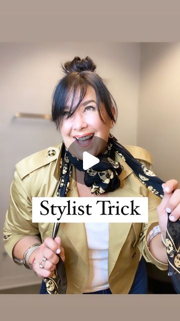 Danielle Gilbert | FASHION STYLIST on Instagram: "Stylist Trick Saturday ______  I have gotten a lot of questions on how I tied my scarf from my LIVE awhile back. I have shared this little trick before, but  since you asked I thought let’s share again.   NOTE: To create this flower 🌸 the scarf has to be square. You can also use a smaller square scarf for a smaller flower.   Will you give this trick a try?   ✨SHARE this trick with your friends. ✨SAVE this reel for later so you can give it a try. ✨FOLLOW me for more styling tips and tricks!   🛍️Comment the word “LINKS” and I will send you the link to shop my scarf and my live.   #dgstylist #nordstromstyling #nordstromstylist #styletip #styletricks #scarfseason #howtotieascarf" How To Tie A Rosette Scarf, Scarf Ties Ideas Tutorials, Tie Large Square Scarf, How To Tie A Small Square Scarf, Large Square Scarf Tying Ideas, How To Tie A Square Scarf, How To Tie A Scarf Around Your Neck, Tie A Square Scarf, How To Tie A Scarf