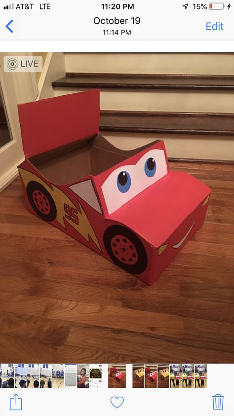 Cardboard Box Racing Car, Cardboard Box Lightning Mcqueen, Lighting Mcqueen Cardboard Box Car, Lightning Mcqueen Box Car, Lightning Mcqueen Cardboard Car, Car Box Ideas For Kids, Box Car Ideas Cardboard, Lightning Mcqueen Craft, Lightning Mcqueen Gift Ideas