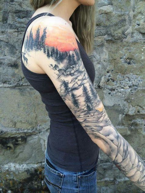 Forest To Ocean Tattoo Sleeve, Forest Inspired Tattoo Sleeve, Alaskan Sleeve Tattoo, Wilderness Sleeve Tattoo Women, Scenery Tattoo Sleeve Women, Outdoor Tattoo For Women Sleeve, Sleeve Tattoos For Women Nature, Woods Tattoo Women, Sunset Sleeve Tattoo