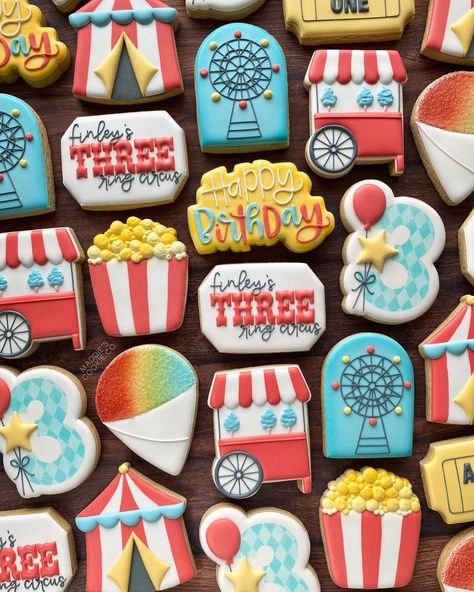 Third Birthday Carnival Theme, Carnival Decorated Cookies, Circus Decorated Cookies, Carnival Theme Cookies Decorated, Circus Themed Cookies, 3 Ring Circus 3rd Birthday Party, Circus Cookies Decorated, 3 Ring Circus Birthday Party, Three Ring Circus Birthday Party