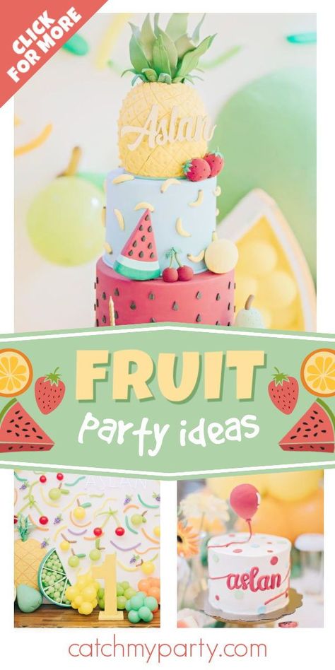 Check out this colorful fruit-themed birthday party! The balloon backdrop is amazing! See more party ideas and share yours at CatchMyParty.com #catchmyparty #partyideas #fruit #tuttifrutti #fruitparty #1stbirthdayparty #1stbirthday Twotti Fruity Party Food, Party Food For Adults, Fruit Birthday Party, Fruit Birthday, Girls Birthday Party Themes, Birthday Souvenir, Birthday Drinks, Fruit Party, Birthday Party Activities