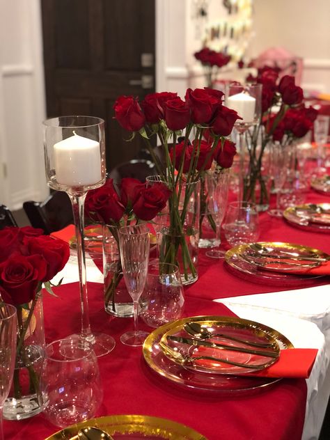 Red Flowers Party Decoration, Red Tea Party Table Settings, Roses Dinner Table Settings, Red And Gold Dinner Table Decor, Valentine’s Day Dinner Decorations, Red Dinner Party Decor, Valentine’s Day Dinner Party, Valentines Day Dinner Decorations, Red Birthday Party Decorations For Women