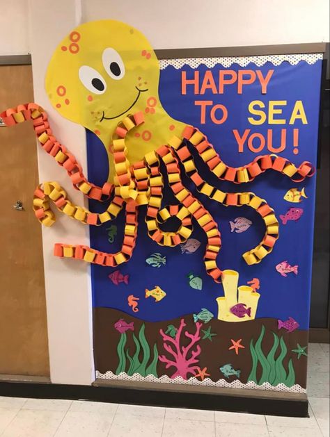 Under The Sea Prek Classroom, Bulletin Board Ocean Theme, Aquarium Classroom Decorations, Octopus Door Decoration, Aquarium Theme Classroom, Happy To Sea You Bulletin Board, Ocean Theme Classroom Decorations Ideas, Summer Display Board, Under The Sea Door Decorations