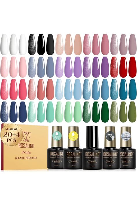 ROSALIND 24PCS Gel Polish Set with 4 PCS Base Coat Matte Glossy Glitter Gel Top Coat Soak Off Gel Nail Polish Collection Long Lasting Suitable for All Seasons Nails Inspiration Summer, Matte Gel, Soak Off Gel Nails, Gel Polish Nail Art, Mini Bottle, Gel Top Coat, Gel Nail Polish Set, Nail Polish Sets, Nail Polish Collection