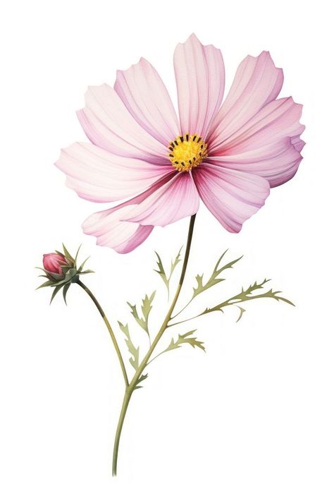 Watercolor cosmos flower blossom petal plant. | premium image by rawpixel.com / Darakoon Jaktreemongkol Cosmos Flower Botanical Illustration, Watercolor Cosmos Flower, Cosmos Flowers Drawing, Green Art Projects, Watercolor Cosmos, Cosmos Painting, Cosmos Illustration, Cosmo Flower, Plant Watercolor