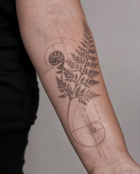 Floral and geometric 🤍 love to combine both • done at @giahi | Instagram Leaf Tattoo Ideas, Natur Tattoo Arm, Botanisches Tattoo, Fibonacci Tattoo, Spiral Tattoos, Fern Tattoo, Leaf Tattoo, Geometric Tattoos, Plant Tattoo