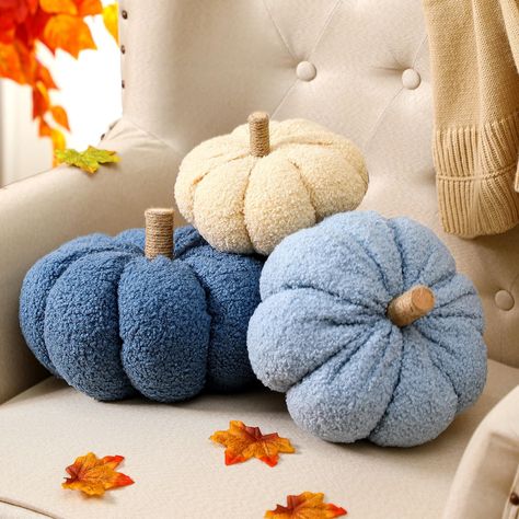 PRICES MAY VARY. Quality Comfort: the fall throw pillows set includes 3 uniquely crafted pumpkin shaped pillows in different sizes and colors, a deep blue pillow with a width of 11.8 inches/ 30 cm, a light blue pillow measuring 9.4 inches/ 24 cm, and a white one coming at 7.1 inches/ 18 cm; Filled with PP cotton and made with comfortable Sherpa fabric, these pillows provide an optimal level of softness, lightweight construction, and reliable breathability Pumpkin Design: the Thanksgiving decorat Fall Decorative Pillows, Thanksgiving Bedroom, Seasonal Room Decor, White Pumpkin Decor, Light Blue Pillows, Seasonal Room, Pumpkin Pillow, Bedroom Couch, Fall Throw Pillows