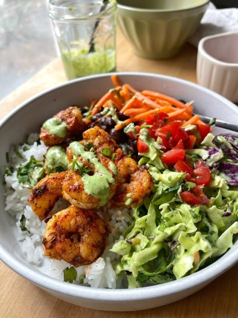 Asian Shrimp Bowl, Shrimp Bowl Healthy, Shrimp Bowls Healthy, Shrimp Buddha Bowl, Mexican Shrimp Bowl, Roasted Jalapeno Sauce, Spicy Shrimp Bowl, Shrimp Ideas, Shrimp Bowls