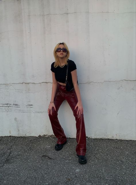 Dark Red Leather Pants, Maroon Leather Pants Outfit, Red Leather Boots Outfit, Burgundy Leather Pants Outfit, Red Leather Pants Outfit, Suki Waterhouse Concert, Red Leather Trousers, Leather Pants And Boots, Talk Poster