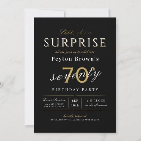 $2.98 | Elegant modern classy surprise 70th birthday invit #adult birthday invitations, personalized birthday party invitations, any age surprise party invitations, elegant stylish classic script, simple modern classy typography, art deco vintage calligraphy, retro minimalist chic clean, shhh its a surprise, 70th birthday party, sophisticated black and gold white Shhh Its A Surprise, 75th Birthday Invitations, Surprise 30th Birthday, Surprise 40th, Elegant Birthday Invitations, Vintage Calligraphy, 90th Birthday Invitations, Surprise Party Invitations, 75th Birthday Parties