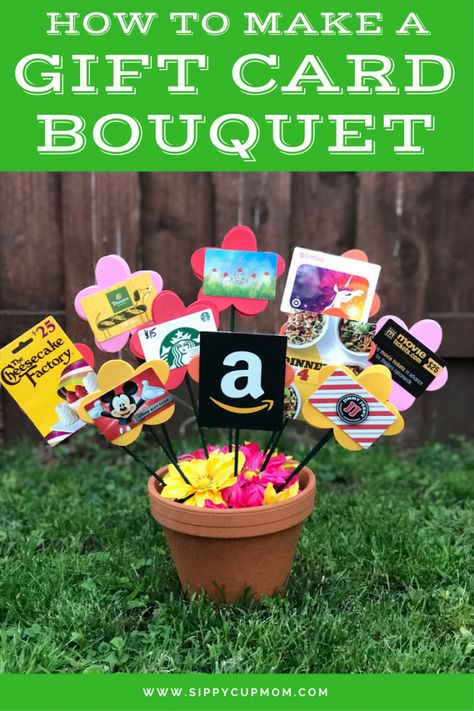 How To Make a Gift Card Bouquet - Sippy Cup Mom #giftcard #giftideas #giftcards #gifts #love #amazongiftcard #christmasgift #giftbox #giftsforhim #giftidea #card Gift Card Tree, Gift Card Basket, Card Bouquet, Gift Card Bouquet, Gift Card Presentation, Card Basket, Raffle Basket, Cars Ideas, Raffle Baskets