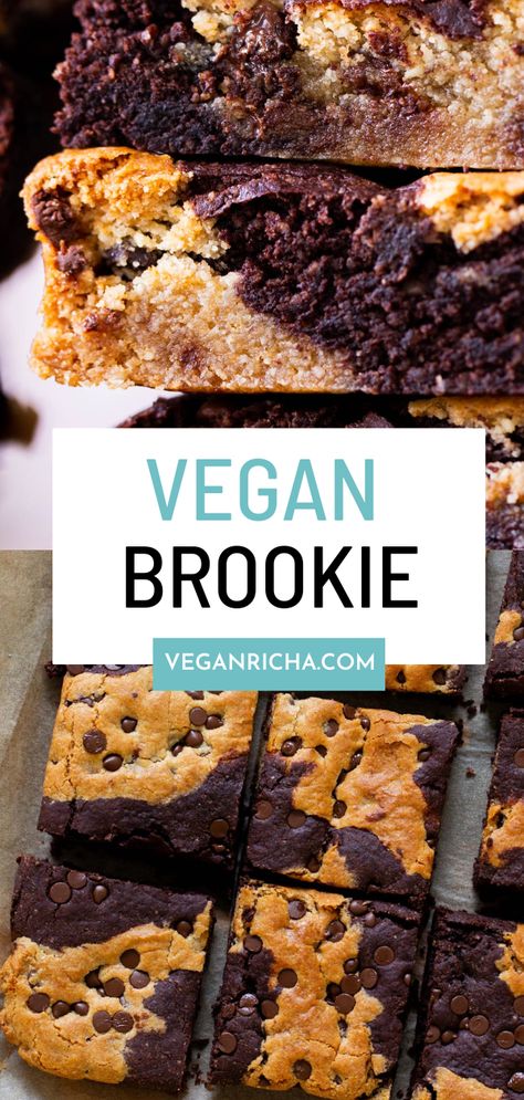 This vegan brookie recipe combines rich brownie and decadent chocolate chip cookie in a single baking pan to make one epic pan cookie. Vegan Brookie, Brookie Recipe, Brookies Recipe, Almond Flour Brownies, Pan Cookies, Almond Flour Cookies, Baking With Almond Flour, Vegan Cookies Recipes, No Flour Cookies