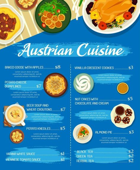 Austrian food restaurant meals menu vector cover Austrian History, Beer Soup, Colour Shade Card, Austrian Food, Austrian Cuisine, Restaurant Meals, Menu Poster, Glowing Skin Secrets, Crescent Cookies