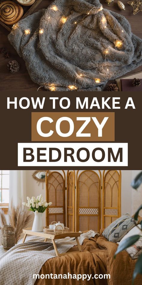 Top blanket with fairy lights and bottom picture is cozy bed with food tray Cozy Beautiful Bedrooms, Sleepy Bedroom Ideas, Cozy Bedroom Aesthetic For Couples, How To Have A Cozy Bedroom, Master Bedrooms Decor Cozy Boho, How To Make A Big Bedroom Cozy, Things To Make Room Cozy, Making A Large Bedroom Feel Cozy, Bedroom Makeover Ideas Cozy