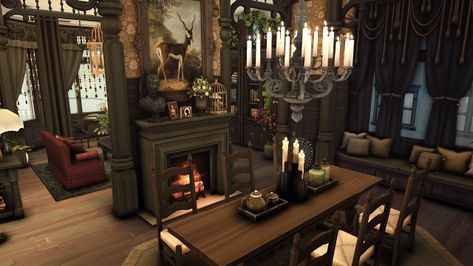 Fortune-teller's witchy apartment Sims 4 Witch Apartment, Dining Room Sims 4 No Cc, Sims 4 Vampire Apartment, Witchy Victorian House, Sims 4 Fortune Teller Cc, Sims 4 Witch Room, Gothic Sims 4 Cc Furniture, Sims 4 Fortune Teller, Vampire House Interior