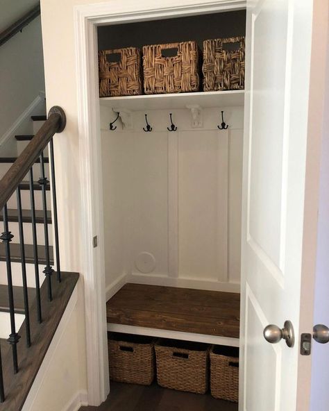 Entryway Diy Storage, Hallway Closet Transformation Ideas, Coat Closet Organization Ideas Entryway, Closet To Cubbies, Foyer Cubby Ideas Entryway, Closet Into Sitting Area, Coat Closer To Mudroom, Small Entrance Closet Organization, Entry Closet Turned Mudroom