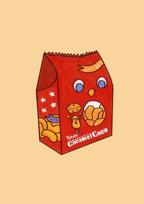 Japanese Snacks Illustration, Aesthetic Snacks Packaging, Asian Snacks Illustration, Japanese Snacks Packaging, Corn Illustration, Snacks Packaging, Snack Packaging, Packaging Illustration, Japanese Cake