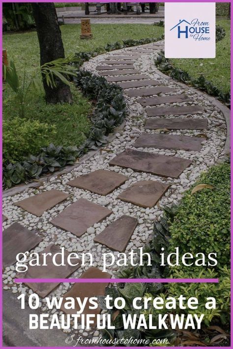 Garden paths and walkways are the backbone of your yard landscaping. Find some beautiful and whimsical DIY garden path ideas and learn which ones are easy to do and which ones are inexpensive. | Garden Paths Garden Path Ideas, Flagstone Pathway, Gravel Walkway, Stone Garden Paths, Garden Sanctuary, Flagstone Path, Raised Vegetable Gardens, Backyard Walkway, Pathway Landscaping