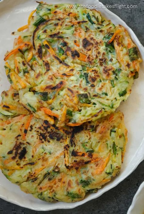 Asian Vegetable Fritters, Foodie Takes Flight, Vegan Korean Pancakes, The Foodie Takes Flight, Korean Vegetable Pancakes Recipes, Korean Fritters, Veggie Pancakes Korean, Korean Jeon Recipe, Yachaejeon Recipe