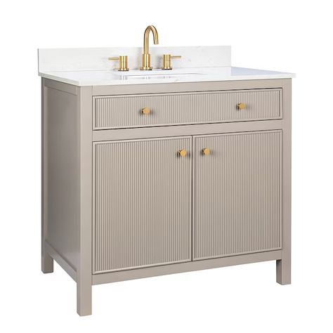 allen   roth Sandbanks 36-in Greige Undermount Single Sink Bathroom Vanity with White Engineered Stone Top Greige Bathroom Vanity, Greige Bathroom, Contemporary White Bathrooms, Taupe Bathroom, 30 Inch Vanity, 36 Inch Vanity, 36 Inch Bathroom Vanity, Shaker Vanity, Bathroom Cabinets Designs