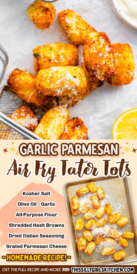 This recipe makes homemade air fry tater tots that are loaded with garlic and parmesan flavors. With minimal ingredients, this is a snack or side dish you can cook up in no time. The garlic and parmesan flavor in these tater tots is sure to become a favorite. Try these for dinner this week! Garlic Parmesan Tater Tots, Air Fry Tater Tots, Garlic Tater Tots, Parmesan Tots, Tater Tots In Air Fryer, Parmesan Tater Tots, Tator Tot Recipe, Burger Side Dishes, Tater Tot Recipes