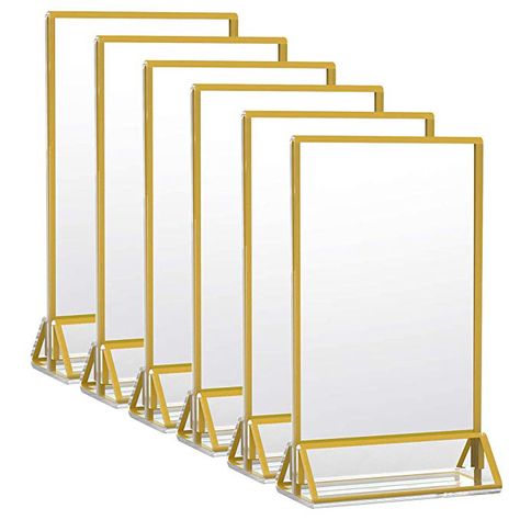 Amazon.com: Double Sided Acrylic Gold Sign Holder with Gold Borders and Vertical Stand Pack of 6, 4x6 Inches Clear Acrylic Menu Holder for Wedding Table Number Holder: Office Products Sign Holder Wedding, Double Sided Picture Frame, Acrylic Sign Holder, Wedding Table Number Holders, Acrylic Picture Frames, Gold Table Numbers, Table Number Holders, Menu Holders, Restaurant Signs