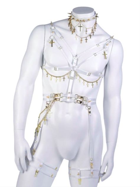 Men Lingeniere Outfit, Body Harness Outfits Men, Man In Lingeniere, Men Harness Outfit, Men In Dresses Art, Mens Lingeniere, Mens Lingerie Outfit Night, White Outfits Male, Men’s Lingerie