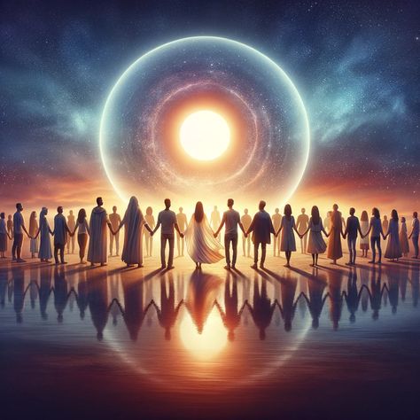 A serene twilight scene depicting a diverse group of people of various descents and genders standing in a circle, holding hands. In the center of the circle is a glowing orb symbolizing faith, casting a warm light on their faces. The background features a vast, starry sky, representing the transcendence and vastness of their shared spiritual journey. This image embodies unity, solidarity, and reassurance in shared beliefs. Diverse Group Of People, Glowing Orb, People Holding Hands, Twilight Scenes, Aquarius Art, Church Backgrounds, Spiritual Realm, Consciousness Art, Prophetic Art